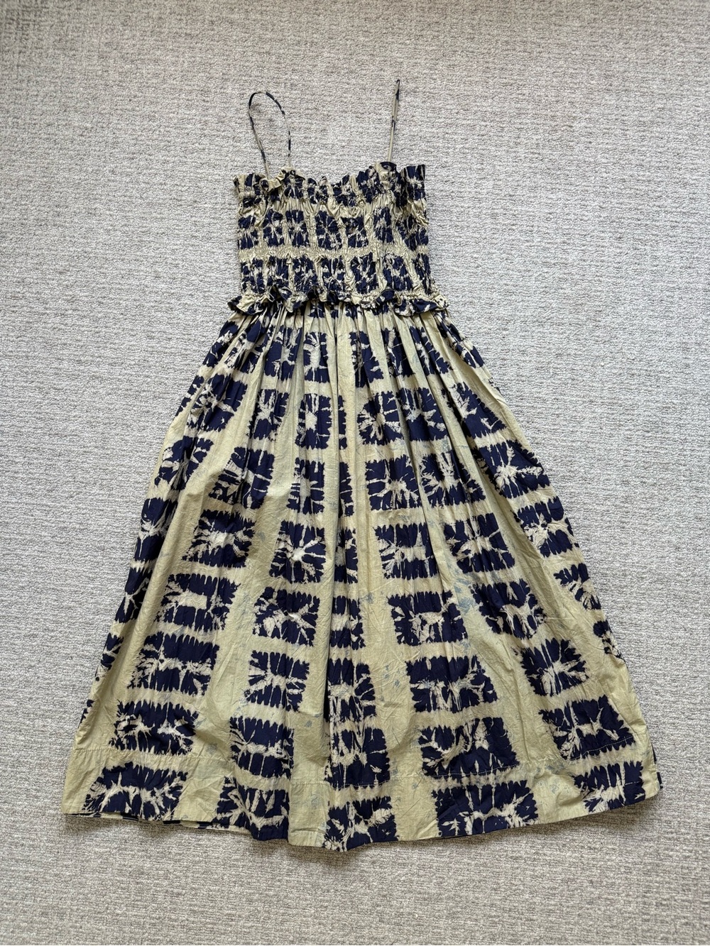 ULLA JOHNSON Smocked Dress in Olive and Navy Geometric Print, XS